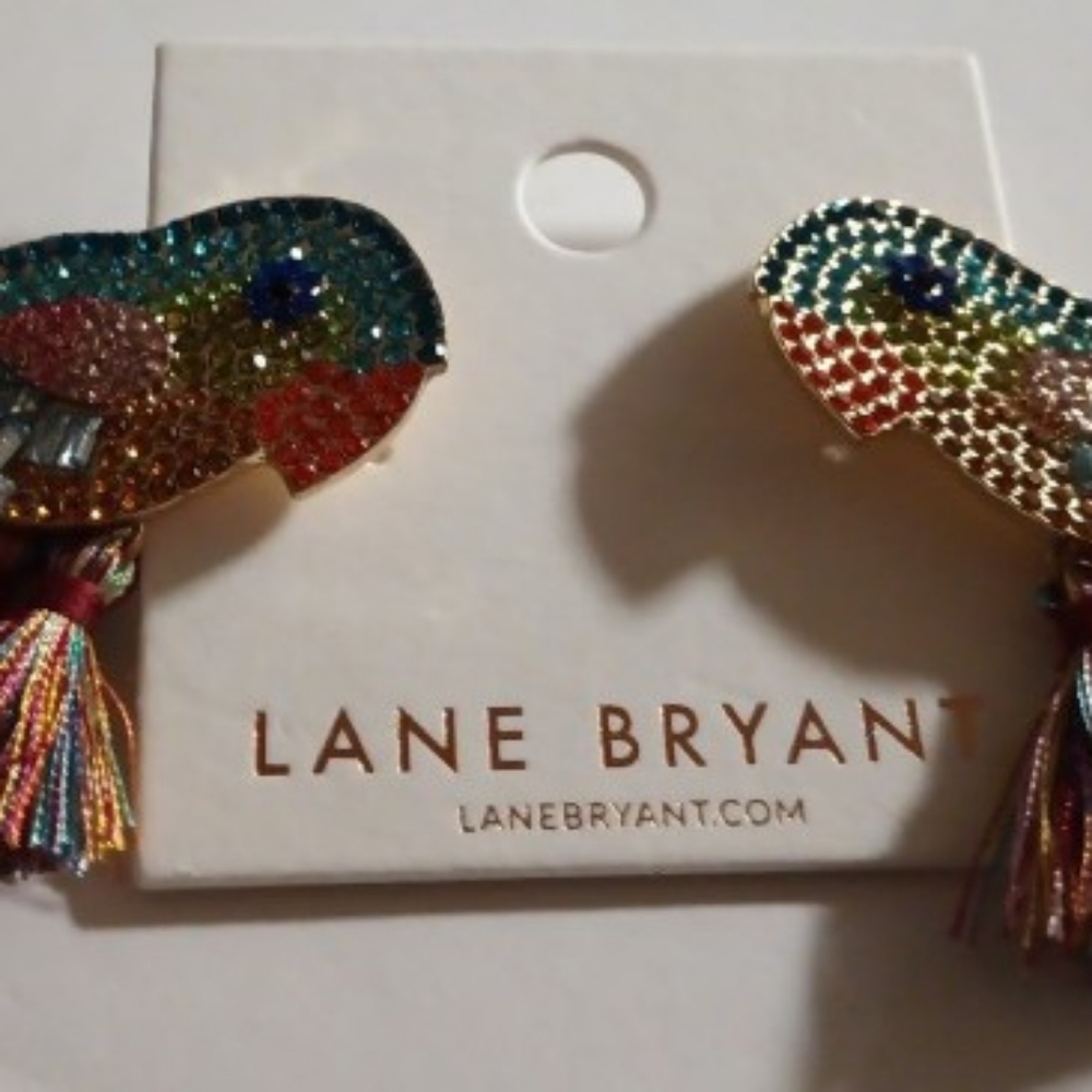 LANE BRYANT RHINESTONE TASSEL PARROT EARRINGS - Picture 3 of 5